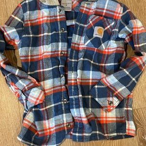 Carhartt, size 6 flannel with gray hood..